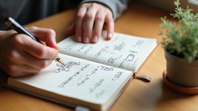 A person writing down financial goals in a notebook, with a plant and natural light, depicting mindful financial planning.